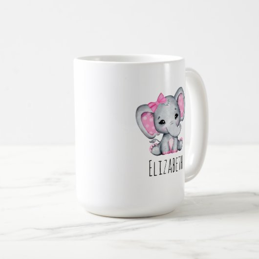 Mug Eléphant de bébé rose mignon avec oreilles Poka Do (Devant droit)