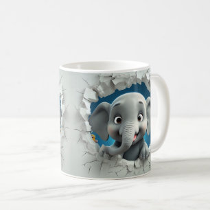 Mug Éléphant Gris de Dessin Animé Cassant un Mur Gris