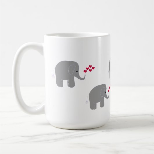 Mug Éléphants Gris avec Jets de Cœurs Rouges (Gauche)