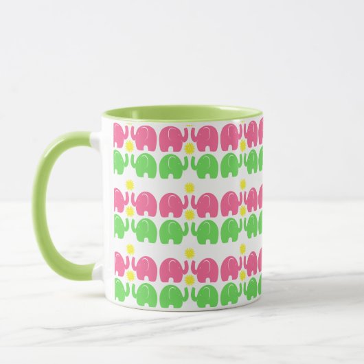 Mug Eléphants roses et verts avec fleurs (Gauche)