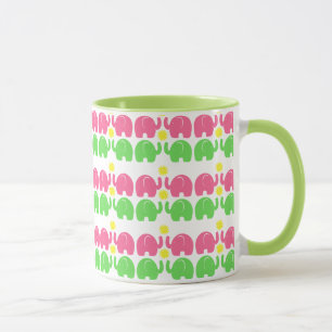 Mug Eléphants roses et verts avec fleurs