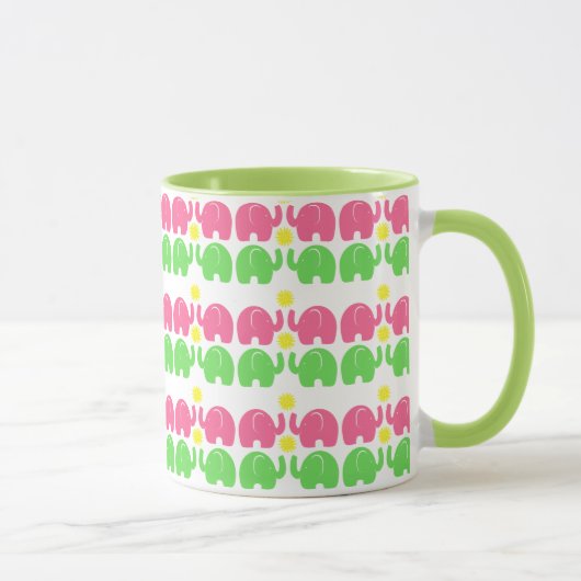 Mug Eléphants roses et verts avec fleurs (Droite)