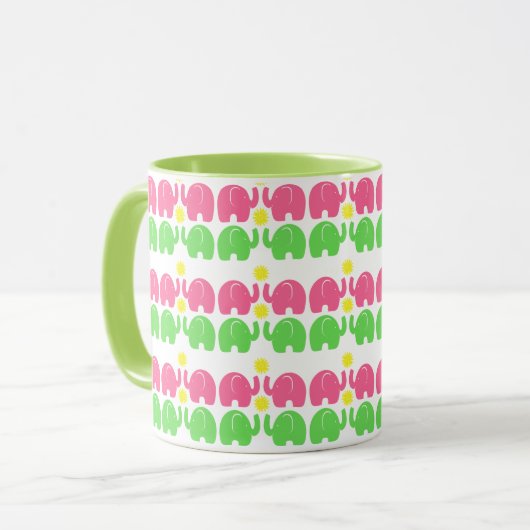 Mug Eléphants roses et verts avec fleurs (Devant gauche)