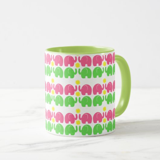 Mug Eléphants roses et verts avec fleurs (Devant droit)