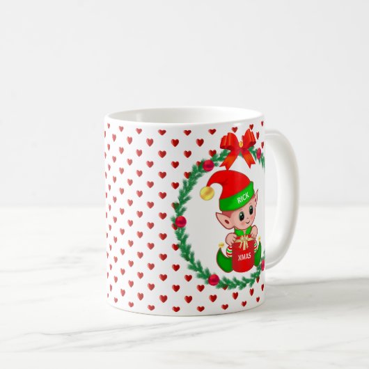 Mug elfe de Noël, couronne de pin, boules rouges & coe (Devant droit)