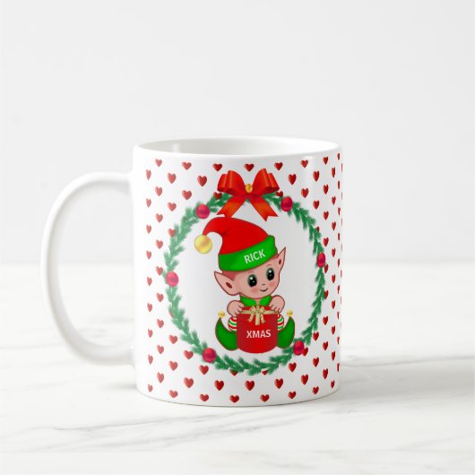 Mug elfe de Noël, couronne de pin, boules rouges & coe (Gauche)