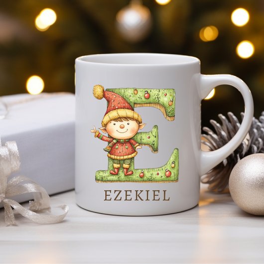 Mug Elfe de Noël personnalisé avec initiale E monogram