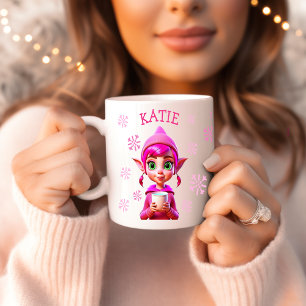 Mug Elfe de Noël personnalisé Flocons de neige roses F