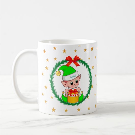 Mug Elfe de Noël vert mignonne, Wreath de pin & Étoile (Gauche)