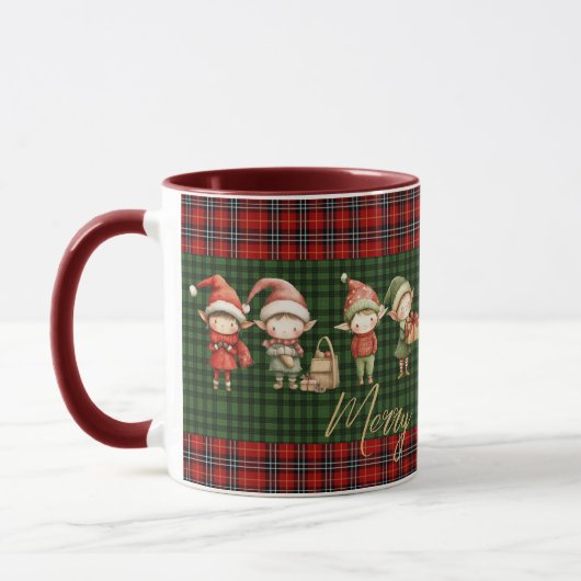Mug Elfes joyeux Joyeux Plaids rouges verts de Noël (Gauche)