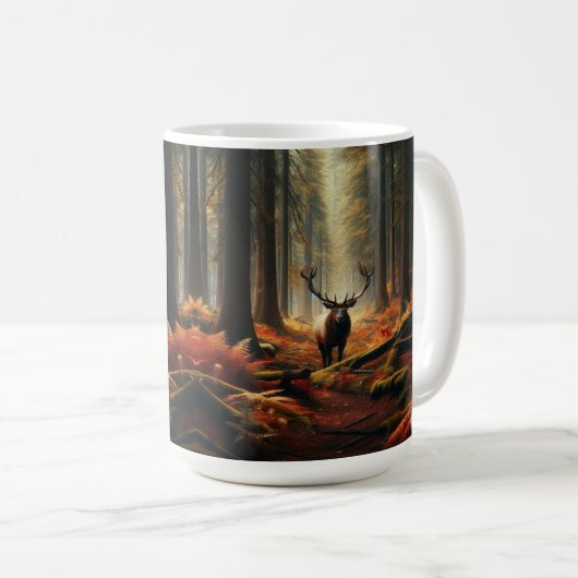 Mug Elk debout dans une forêt d'automne animée (Devant droit)