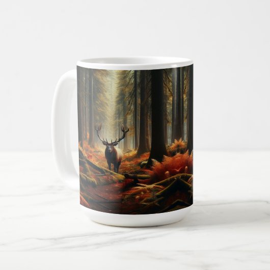 Mug Elk debout dans une forêt d'automne animée (Devant gauche)