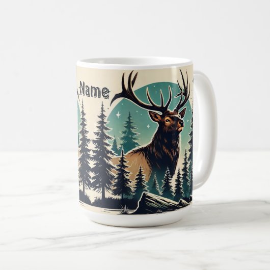 Mug Elk personnalisé en forêt avec ciel étoilé (Devant droit)