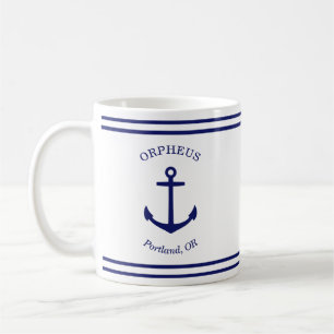 Mug Emblème d'Ancre personnalisé Nautique (blanc et bl