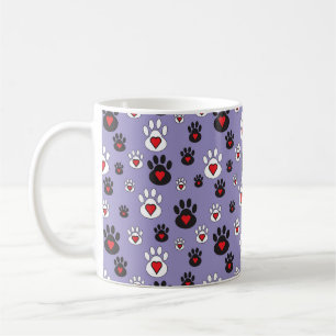 Mug Empreintes de pattes aux coeurs rouges sur bleu