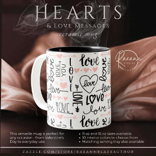 Mug en céramique bicolore avec cœurs et messages d