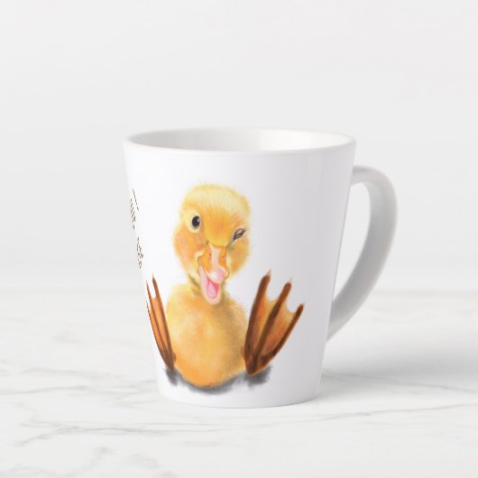 Mug en latte amusant avec un canard heureux - Text (Angle droit)