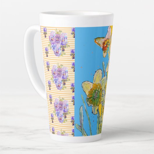 Mug en latte jaune Daffodil bleu peint à la main (Angle gauche)