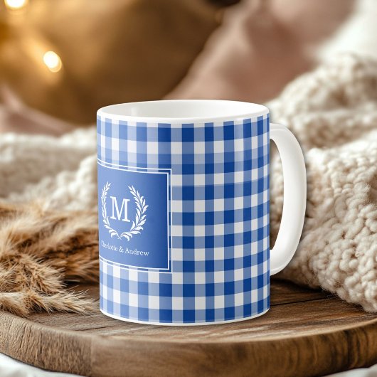 Mug En vichy monogramme bleu personnalisé