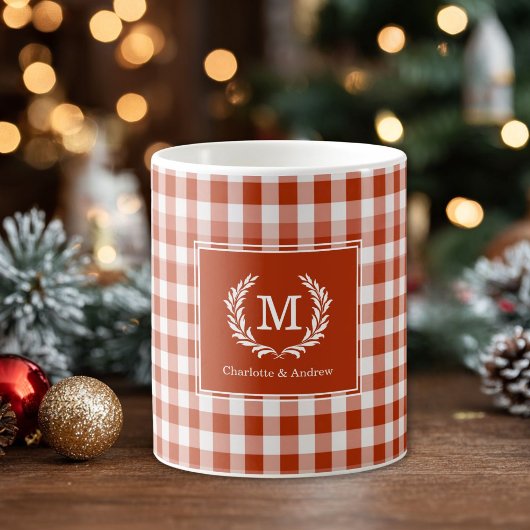 Mug En vichy Monogramme Orange-Rouge Crest Personnalis