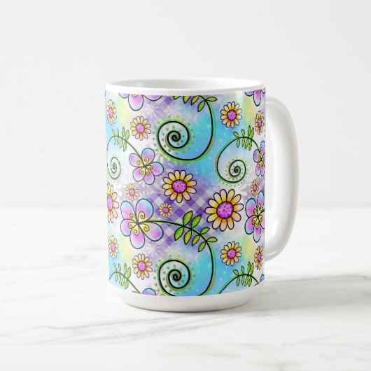 Mug En vichy pourpre avec fleurs et vignes dessinées à (Devant droit)