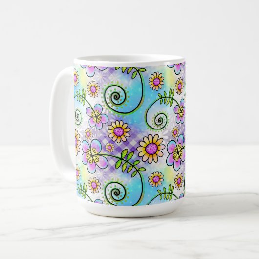 Mug En vichy pourpre avec fleurs et vignes dessinées à (Devant gauche)