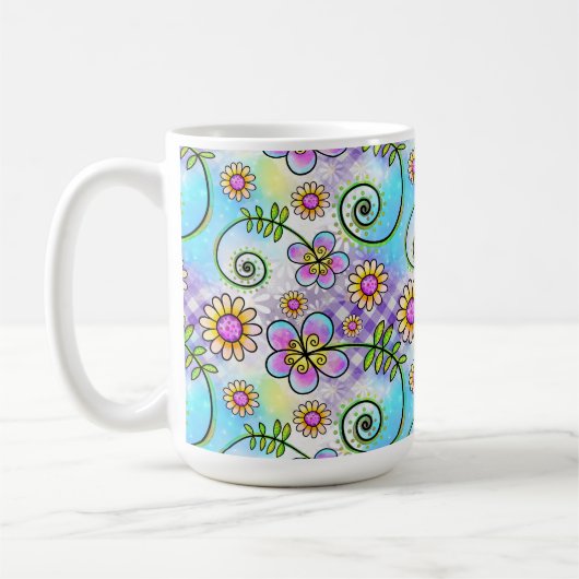 Mug En vichy pourpre avec fleurs et vignes dessinées à (Gauche)