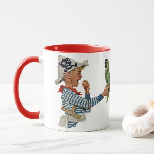 Mug Enfant vintage, Garçon Jouant Pirate Parrot Bird (Avec donut)