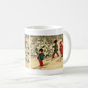 Mug Enfants vintage skiant à travers une forêt enneigé