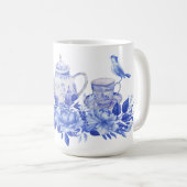Mug Ensemble de thé bleu et blanc avec boue d'oiseaux (Devant droit)