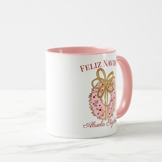 Mug Espagnol Custom Joyeux Noël Abuela Pink Wreath (Devant droit)