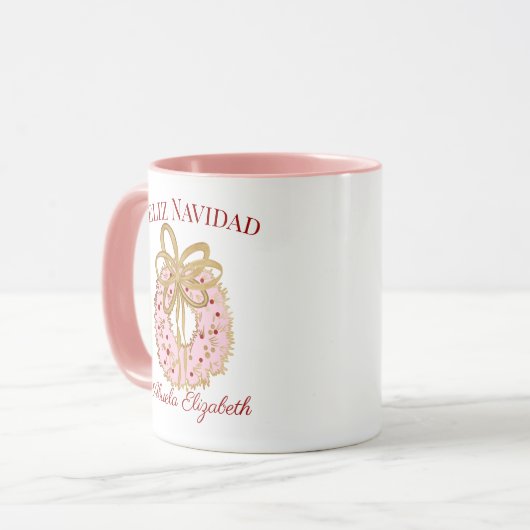 Mug Espagnol Custom Joyeux Noël Abuela Pink Wreath (Devant gauche)
