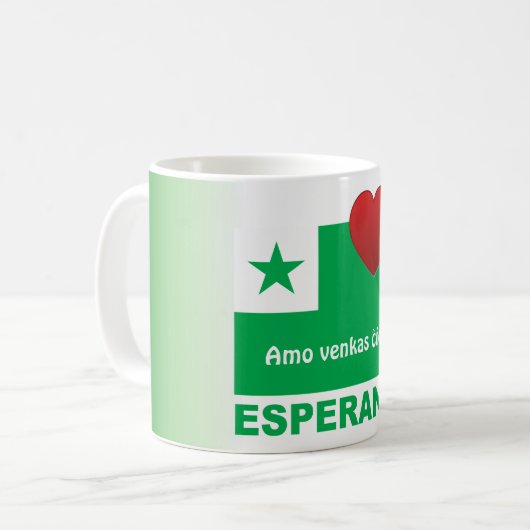 Mug Esperanto / "Amo venkas sovíon", (Devant gauche)