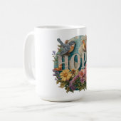 Mug Espérons la typographie florale avec les oiseaux e (Devant gauche)