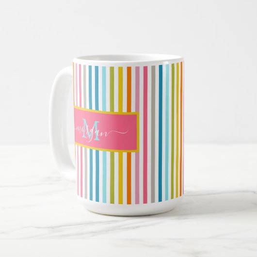 Mug Été Arc en ciel rayures Monogramme Script (Devant gauche)