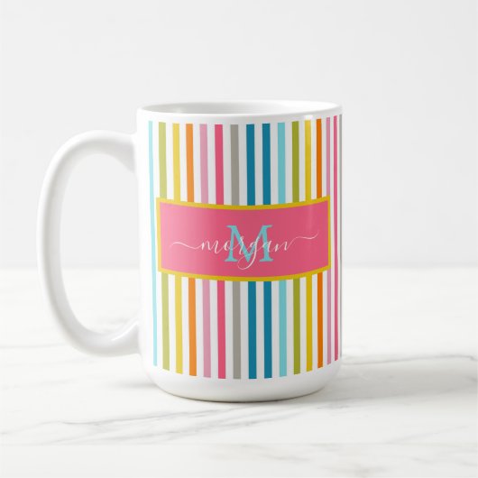 Mug Été Arc en ciel rayures Monogramme Script (Gauche)
