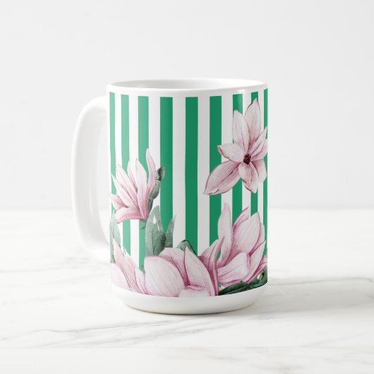 Mug Été, printemps, imprimé magnolia rayé vert (Devant gauche)