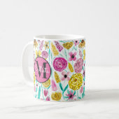Mug Été rose Fleurs Jaunes Aquarelle Monogramme (Devant gauche)