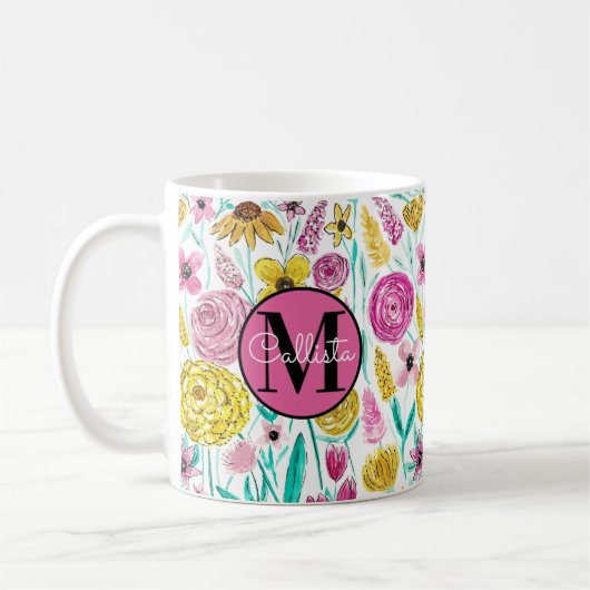 Mug Été rose Fleurs Jaunes Aquarelle Monogramme (Gauche)