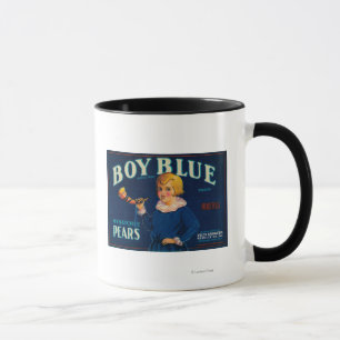 Mug Étiquette bleu de caisse de poire de garçon