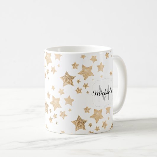 Mug Étoiles or brillant Noël Monogramme blanc (Devant droit)