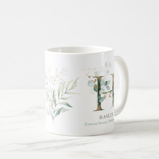 Mug Eucalyptus Gold Monogramme initial H vert chic (Devant droit)