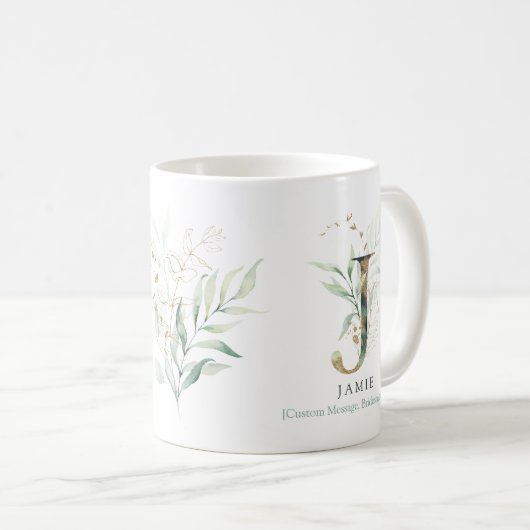 Mug Eucalyptus Gold Monogramme initial J vert chic (Devant droit)
