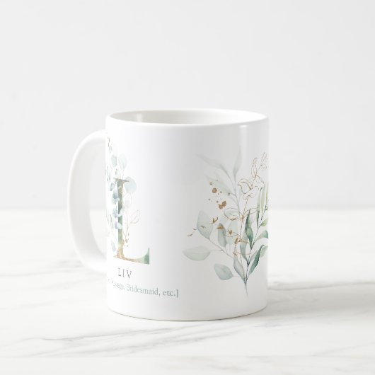 Mug Eucalyptus Gold Monogramme initial L vert chic (Devant gauche)
