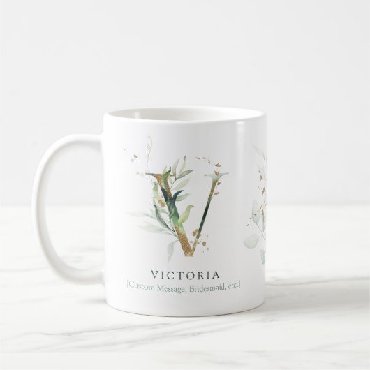 Mug Eucalyptus Gold Monogramme initial V vert chic (Gauche)