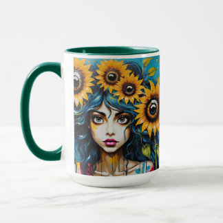 Mug Expressive Girl's Face With Sunflowers