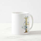 Mug F initial doré avec feuillage floral bleu (Devant droit)