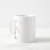 Mug F initial doré avec feuillage floral bleu (Devant gauche)