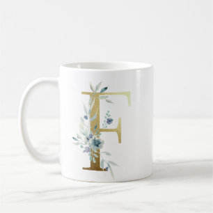 Mug F initial doré avec feuillage floral bleu