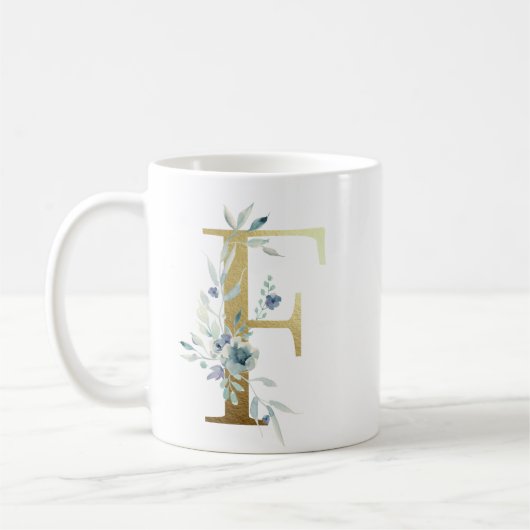Mug F initial doré avec feuillage floral bleu (Gauche)